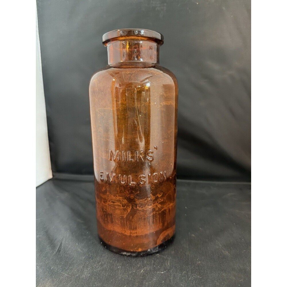 Vintage Milk’s Emulsion Amber Glass Medicine Bottle By J. E. Milks